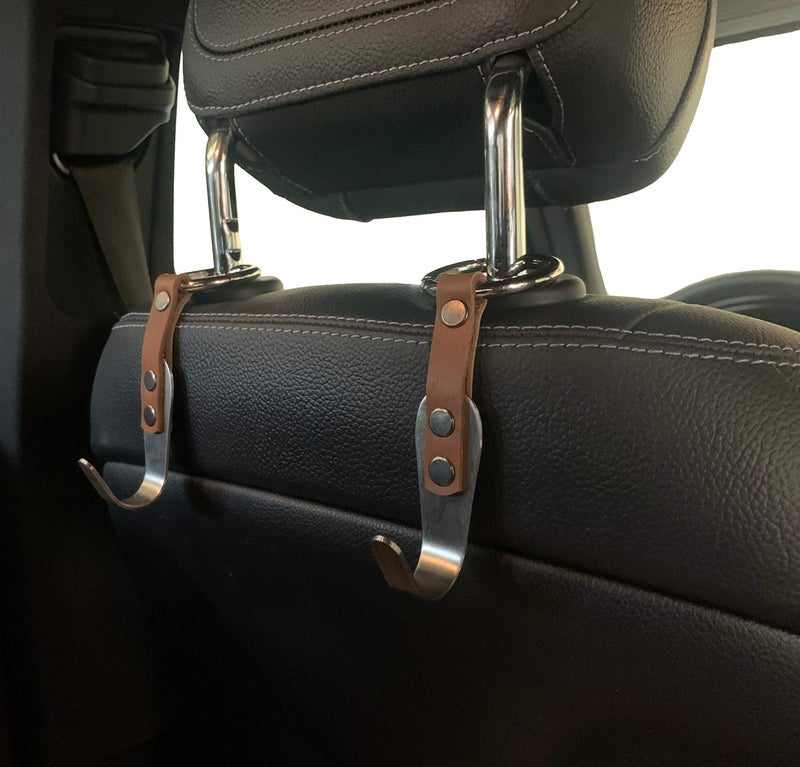 IQ Labs Headrest Hooks for Car 2 Pack Rustic Brown Back Seat Organizer Purse Hook Hanger Premium Leather Stainless Steel Car Seat Head Rest Storage Organizer Universal for Handbag Purses - Image 1